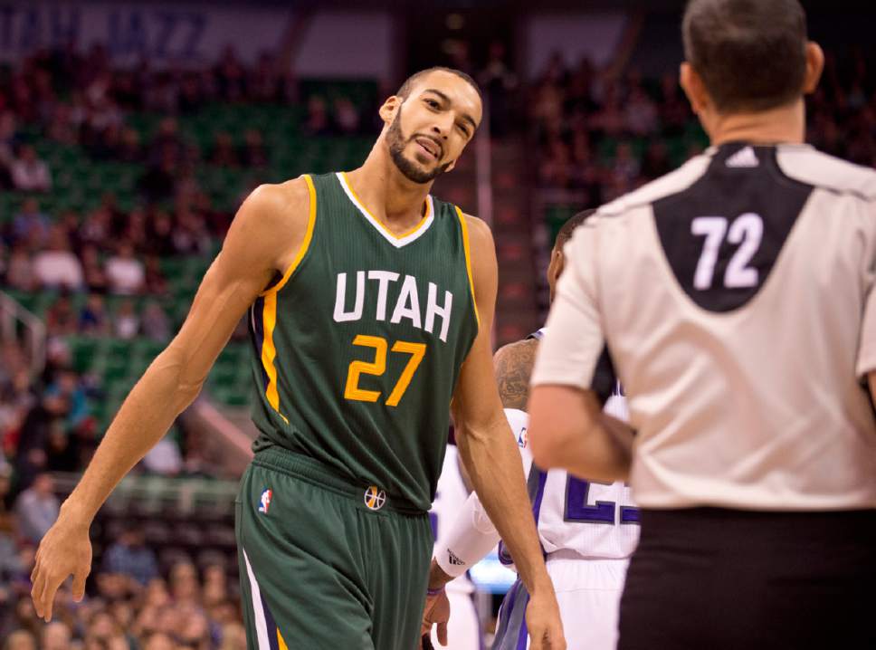 Lennie Mahler  |  The Salt Lake Tribune

Rudy Gobert complains to an official in the first half of a game against the Sacramento Kings on Saturday, Dec. 10, 2016, at Vivint Smart Home Arena in Salt Lake City.