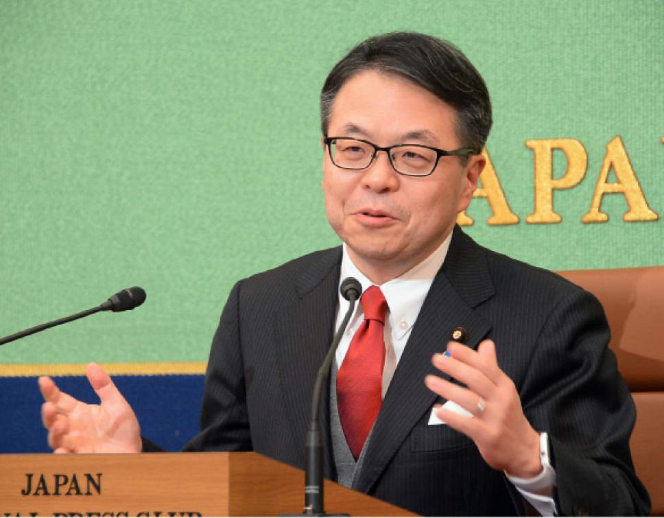 Japan's Trade Minister Hiroshige Seko speaks during a press conference at the National Press Club of Japan in Tokyo Monday, Dec. 12, 2016. Seko says his country's economic relations with Russia have grown more smoothly than political ties, with about 30 joint projects ready to be signed regardless of a breakthrough in territorial issues. Seko said Monday that a final decision on the projects is up to Prime Minister Shinzo Abe, who is to meet with Russian President Vladimir Putin in Japan later this week. (Osamu Hirabayashi/Kyodo News via AP)