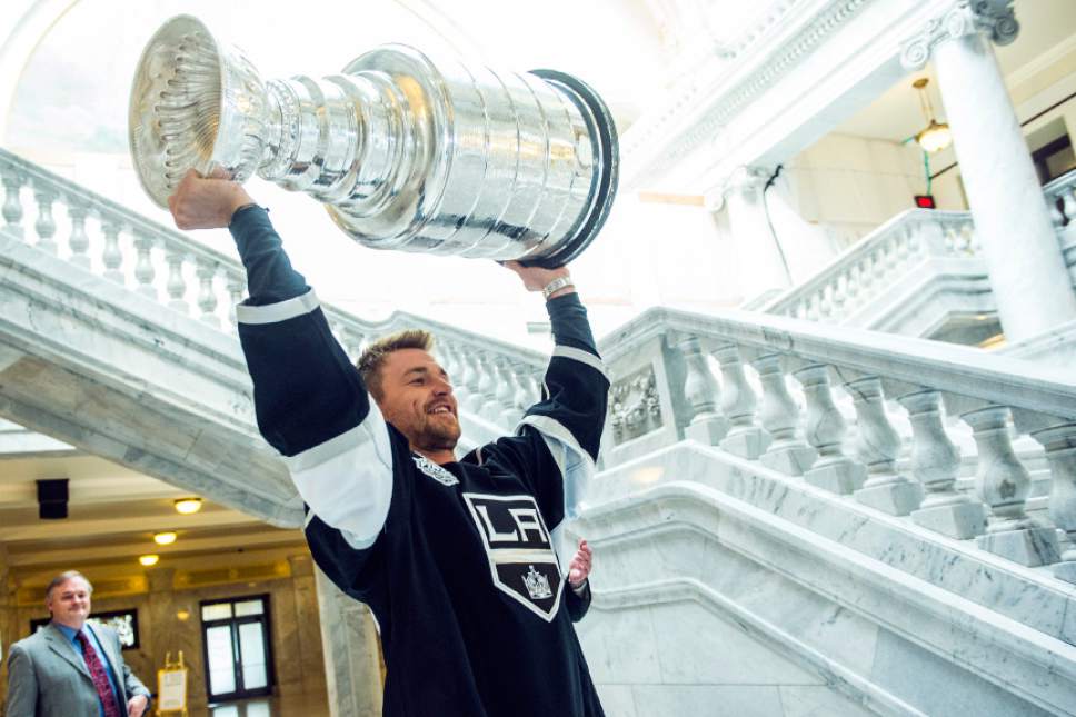 Chris Detrick  |  The Salt Lake Tribune
Los Angeles Kings' Trevor Lewis shows off the Stanley Cup to fans at the Utah State Capitol Wednesday August 27, 2014. Lewis is a Salt Lake City native who played for Brighton's club team as a freshman in 2002. Hockey tradition dictates that each member of the winning team gets custody of the Cup for one day.