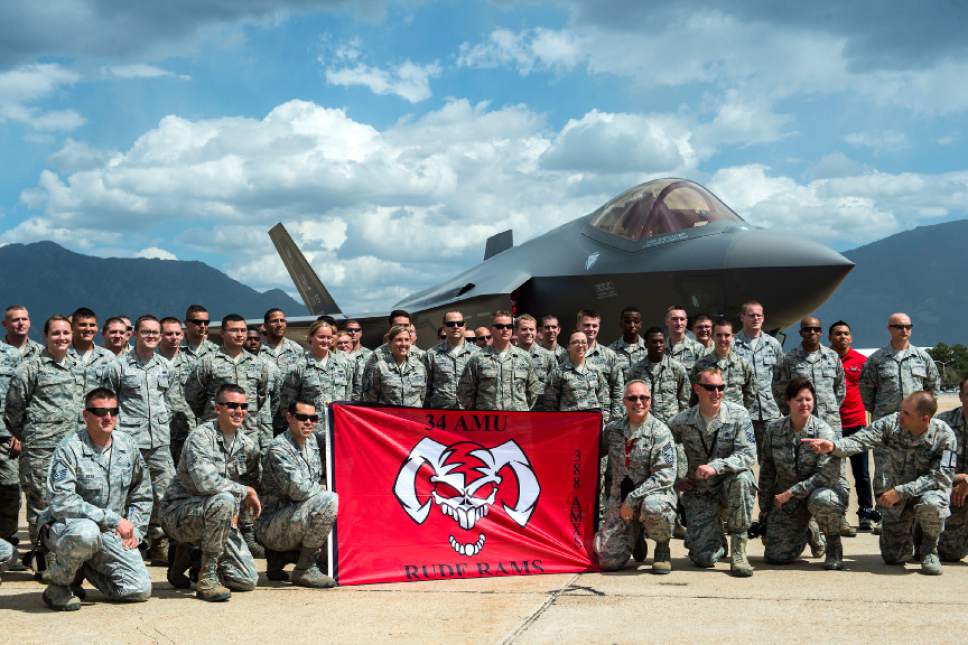 Chris Detrick  |  The Salt Lake Tribune
Members of the 34th Aircraft Maintenance Unit pose for a picture in front of a F-35 at Hill Air Force Base Wednesday September 2, 2015.
