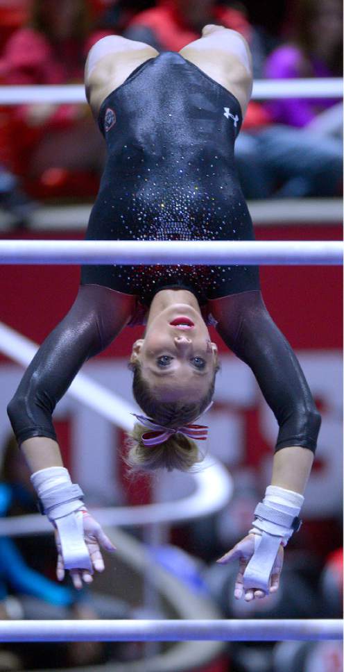 Leah Hogsten  |  The Salt Lake Tribune
MyKayla Skinner performing on the uneven bars. University of Utah gymnastics fans got their first glimpse of this year's team at the Red Rocks Preview intrasquad meet at the Huntsman Center, Friday, December 9, 2016.