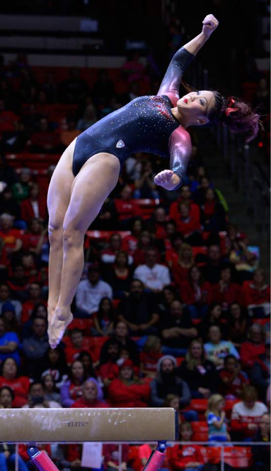 Leah Hogsten  |  The Salt Lake Tribune
Kari Lee performs her beam routine. University of Utah gymnastics fans got their first glimpse of this year's team at the Red Rocks Preview intrasquad meet at the Huntsman Center, Friday, December 9, 2016.
