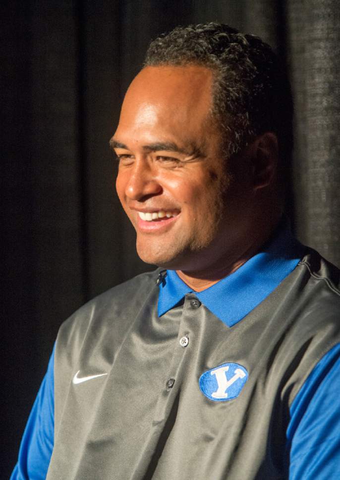 Rick Egan  |  The Salt Lake Tribune

BYU Running Backs Coach Reno Mahe, smiles during the annual football media day at the Broadcasting Building,Thursday, June 30, 2016.