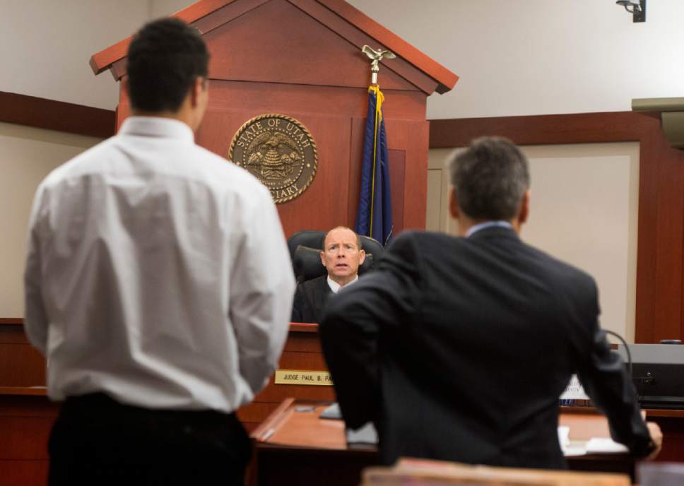 Rick Egan  |  The Salt Lake Tribune

Former Brighton High football star Osa Masina makes his first appearance in court,  in front of Judge Paul B. Parker, at the Matheson Courthouse in Salt Lake City, Friday, September 30, 2016. Masina has been charged with three first-degree felony counts stemming from a July sexual assault in Cottonwood Heights.