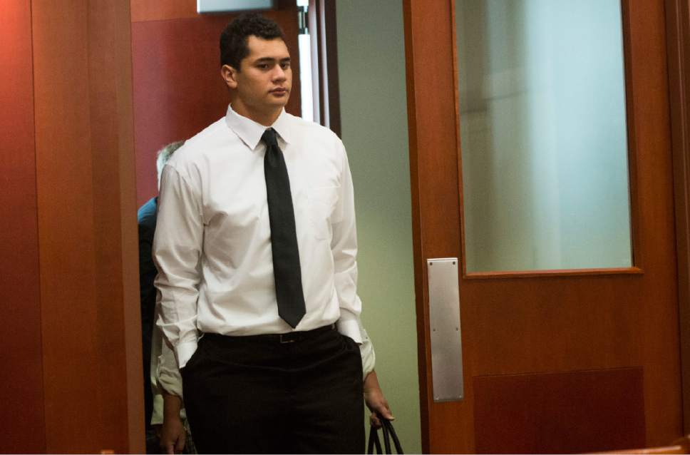 Rick Egan  |  The Salt Lake Tribune

Former Brighton High football star Osa Masina makes his first appearance in court, at the Matheson Courthouse in Salt Lake City, Friday, September 30, 2016. Masina has been charged with three first-degree felony counts stemming from a July sexual assault in Cottonwood Heights.
