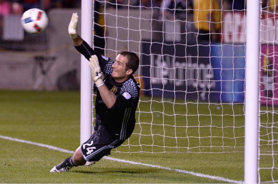 Leah Hogsten  |  The Salt Lake Tribune
Real Salt Lake goalkeeper Jeff Attinella (24) knocks one away. Real Salt Lake defeated Wilmington Hammerheads FC 2-2 and 3-1in the shoot out during their fourth round 2016 U.S. Open Cup match at Rio Tinto Stadium, Tuesday, June 14, 2016 in Sandy.
