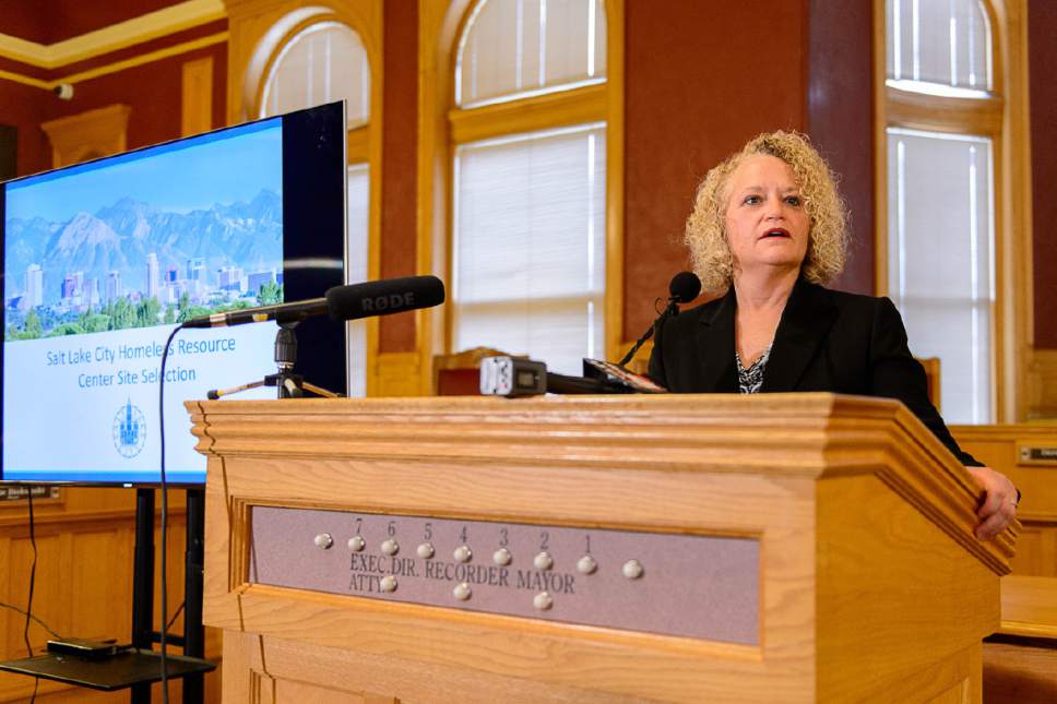 Trent Nelson  |  The Salt Lake Tribune
Salt Lake City Mayor Jackie Biskupski announces sites of four planned homeless shelters, Tuesday December 13, 2016.