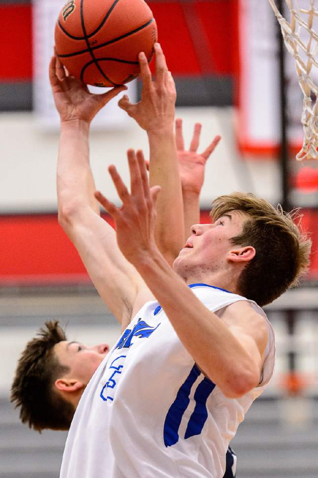 Trent Nelson  |  The Salt Lake Tribune
Bingham's Branden Carlson pulls down a rebound as Bingham faces Corner Canyon in the first round of the Utah Elite 8 boys' basketball tournament at American Fork High, Thursday December 8, 2016.