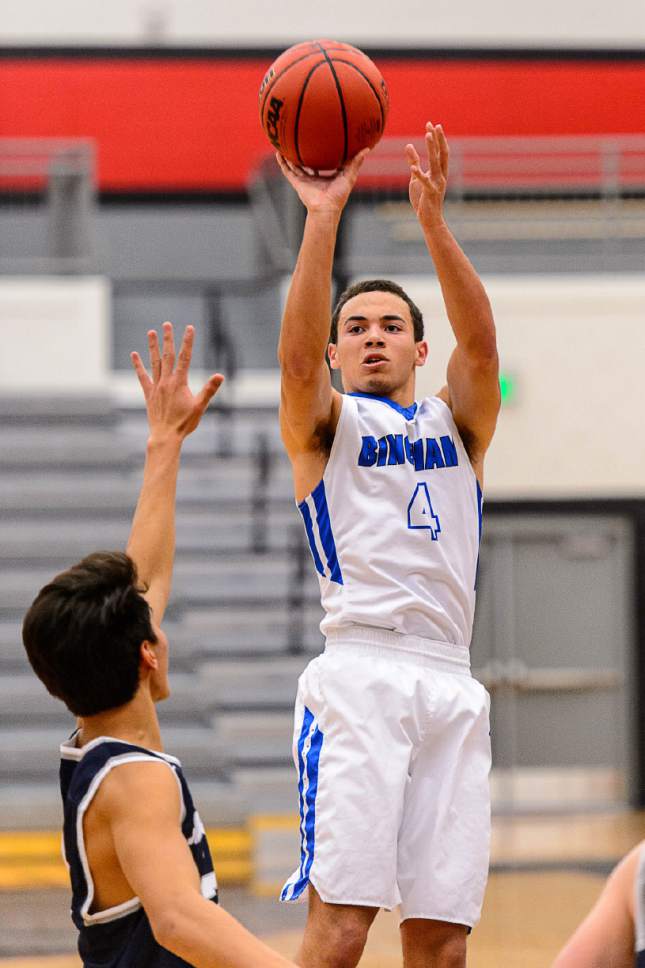 Trent Nelson  |  The Salt Lake Tribune
Bingham's Dason Youngblood shoots as Bingham faces Corner Canyon in the first round of the Utah Elite 8 boys' basketball tournament at American Fork High, Thursday December 8, 2016.