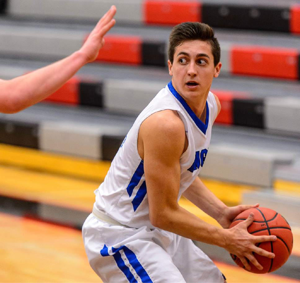 Trent Nelson  |  The Salt Lake Tribune
Bingham's Lleyton Parker with the ball as Bingham faces Corner Canyon in the first round of the Utah Elite 8 boys' basketball tournament at American Fork High, Thursday December 8, 2016.