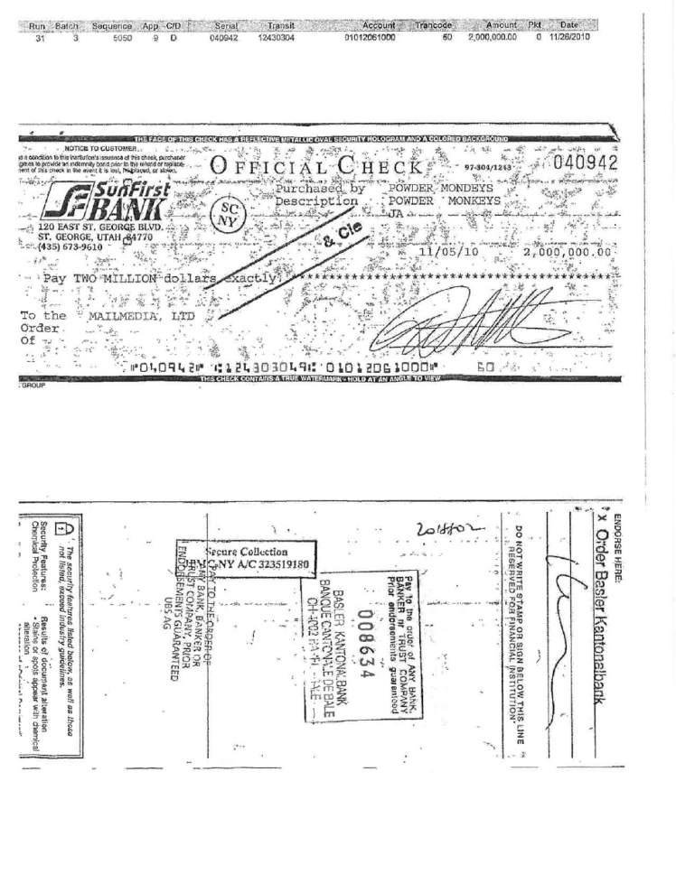 This check was drawn from online poker funds at SunFirst Bank in St. George on Nov. 5, 2010, and sent to a Los Angeles attorney who represented Full Tilt Poker. From there it went to a Swiss bank, and Davis County Attorney Troy Rawlings is investigating whether the money then was transferred to a bank account in the Marshall Islands where Rawlings suspects it might have been intended for Nevada Sen. Harry Reid.