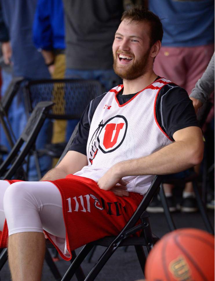 Leah Hogsten  |  The Salt Lake Tribune
l-r David Collette arrives in the balcony to speak with media after the University of Utah basketball team practices Thursday, October 6, 2016 at the Huntsman Basketball Facility.