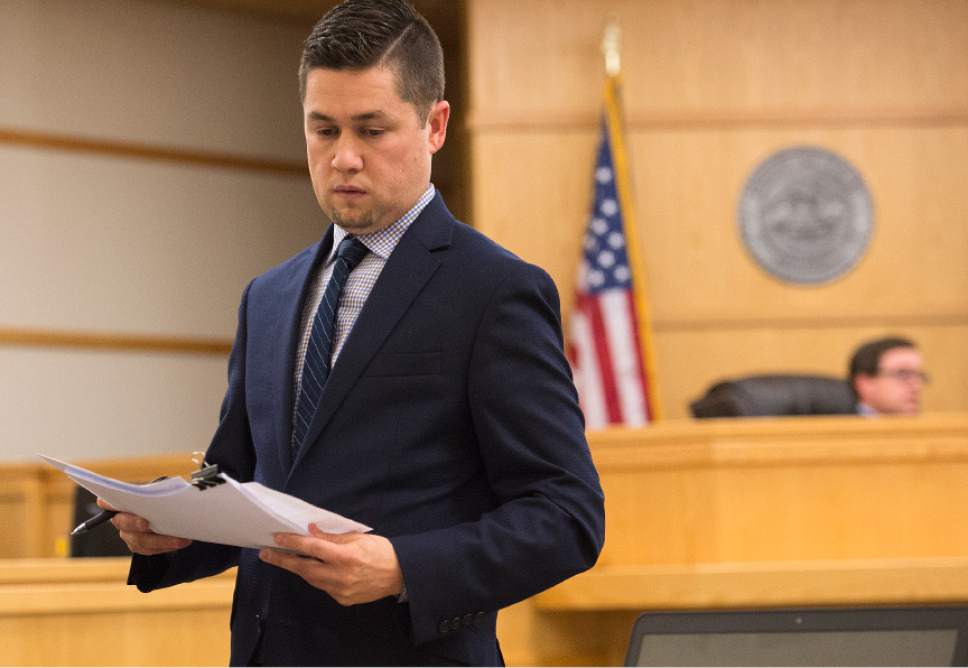 Leah Hogsten  |  The Salt Lake Tribune
Cache County attorney Spencer Walsh asked that bail be denied for former Utah State University linebacker Torrey Green, who will remain in the Cache County jail. First District Judge Brian Cannell denied bail to Green based on two witness testimonies and information in affidavit, Tuesday, December 13, 2016 during his bail hearing. Green is charged with six counts of rape, one count of forcible sex abuse and one count of aggravated kidnapping.