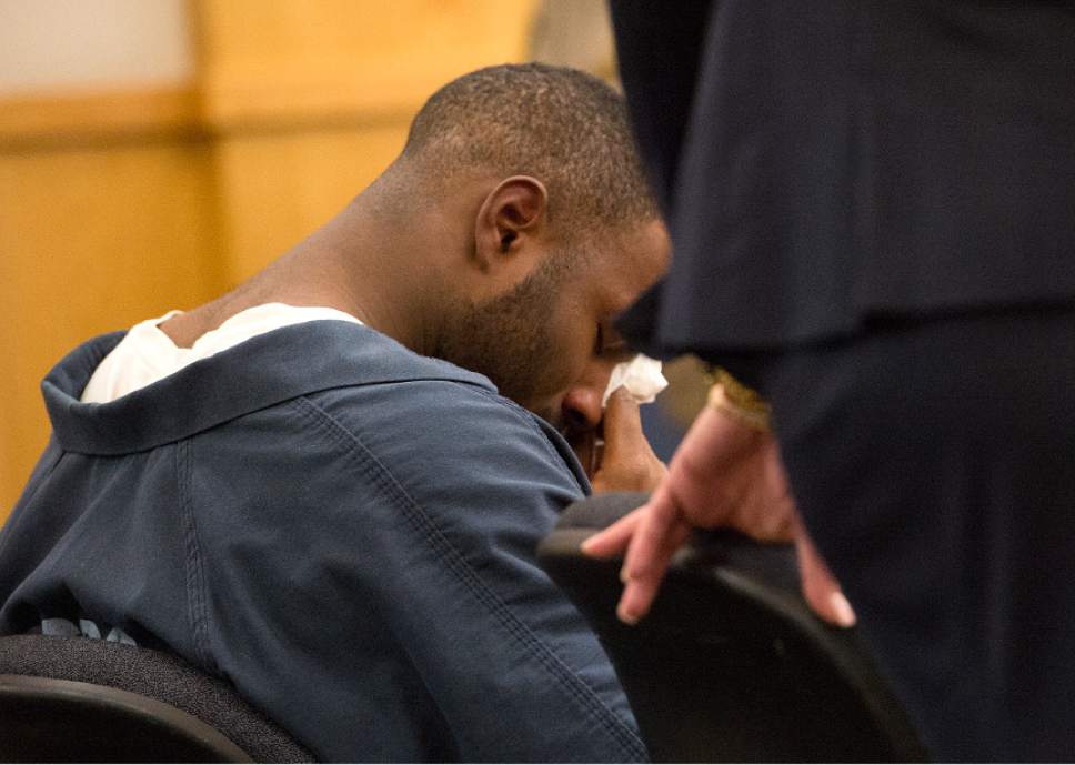 Leah Hogsten  |  The Salt Lake Tribune
Former Utah State University linebacker Torrey Green will remain in the Cache County jail. Green cries as his attorney Skye Lazaro talks about his life, but First District Judge Brian Cannell denied bail to Green based on two witness testimonies and information in affidavit, Tuesday, December 13, 2016 during his bail hearing. Green is charged with six counts of rape, one count of forcible sex abuse and one count of aggravated kidnapping.