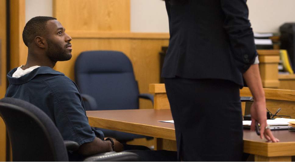 Leah Hogsten  |  The Salt Lake Tribune
Former Utah State University linebacker Torrey Green will remain in the Cache County jail. Green looks to his attorney Skye Lazaro as she talks about his life, but First District Judge Brian Cannell denied bail to Green based on two witness testimonies and information in affidavit, Tuesday, December 13, 2016 during his bail hearing. Green is charged with six counts of rape, one count of forcible sex abuse and one count of aggravated kidnapping.