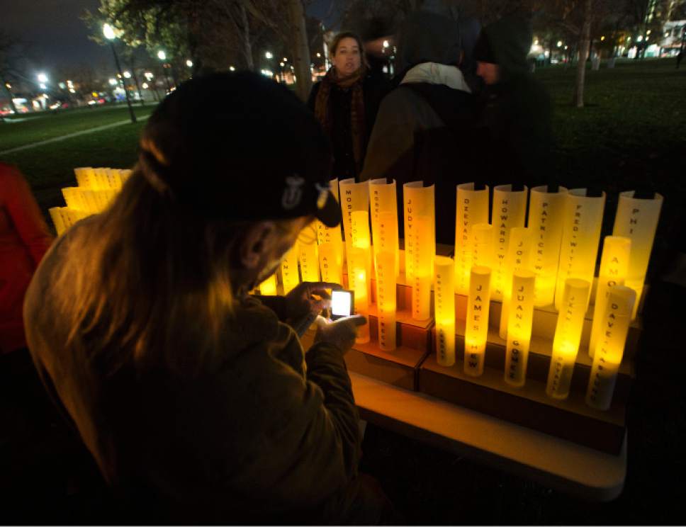 Steve Griffin / The Salt Lake Tribune


People light candles during the "Homeless Persons Memorial Day" gathering for all the homeless people who died in the past year, at Pioneer Park in Salt Lake City Tuesday December 13, 2016.