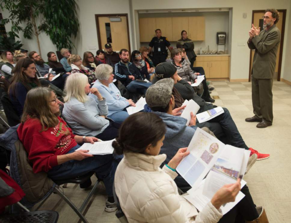 Steve Griffin / The Salt Lake Tribune


David Litvack, Salt Lake City deputy chief of staff, talks with citizens about their concerns on the newly announced locations for the four new homeless shelters, one of which is in their neighborhood, during the Liberty Wells Community Council meeting at Tracy Aviary in Salt Lake City Wednesday December 14, 2016.