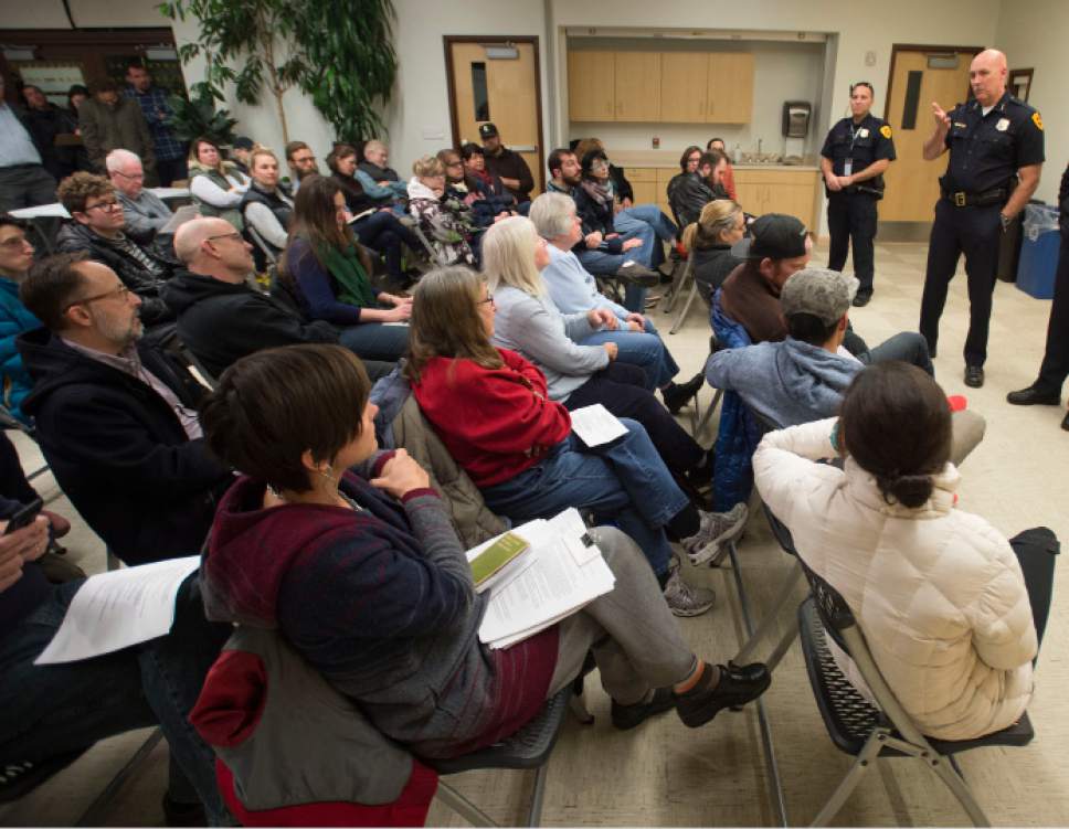 Steve Griffin / The Salt Lake Tribune


Salt Lake City police chief Mike Brown talks with citizens about their concerns on the newly announced locations for the four new homeless shelters, one of which is in their neighborhood, during the Liberty Wells Community Council meeting at Tracy Aviary in Salt Lake City Wednesday December 14, 2016.