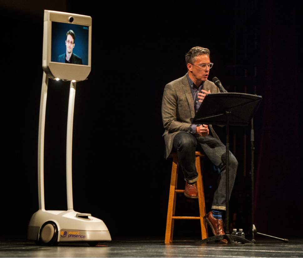 Rick Egan  |  The Salt Lake Tribune
Edward Snowden speaks live via satellite to an audience, moderated by Doug Fabrizio, at the Eccles Center in Park City on Saturday.