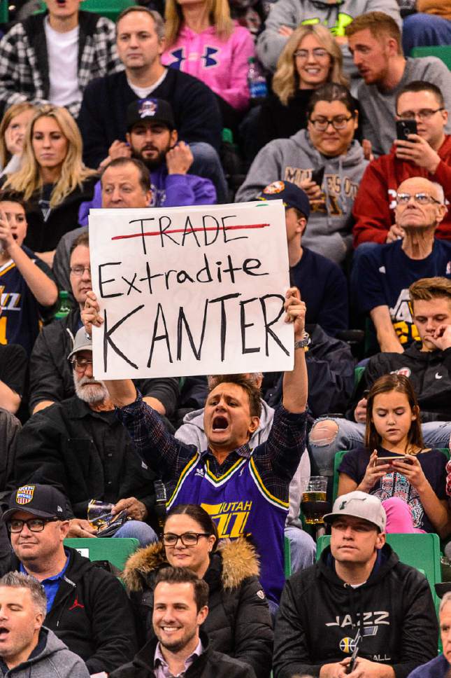 Trent Nelson  |  The Salt Lake Tribune
A Jazz fan holds a sign reading, "extradite Kanter" as the Utah Jazz host the Oklahoma City Thunder, NBA basketball in Salt Lake CityWednesday December 14, 2016. Kanter is Oklahoma City Thunder center Enes Kanter (11).