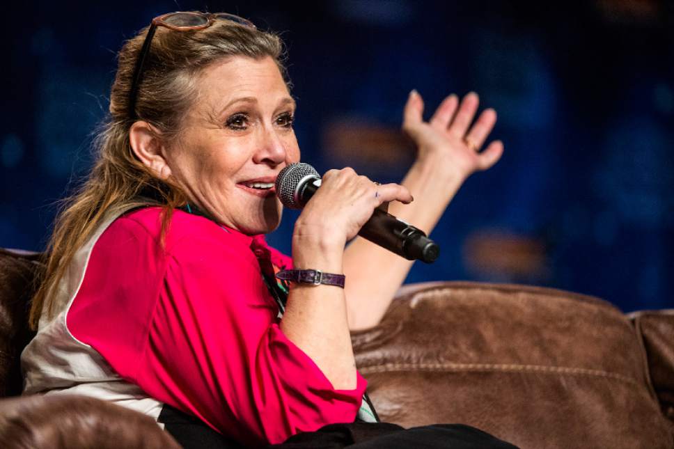 Chris Detrick  |  The Salt Lake Tribune
Carrie Fisher speaks during Salt Lake Comic Con FanX at the Salt Palace Convention Center Saturday January 31, 2015.