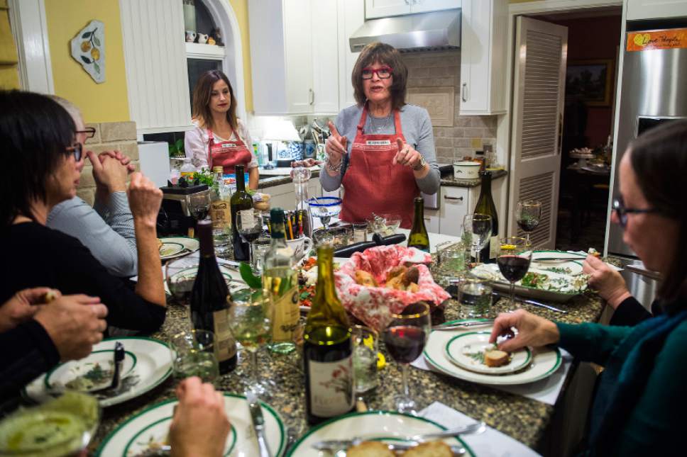 Chris Detrick  |  The Salt Lake Tribune
Cooking instructor Marguerite Henderson talks with her students about making ham and cheese in puff pastry during a class at her home in Salt Lake City Tuesday December 6, 2016.