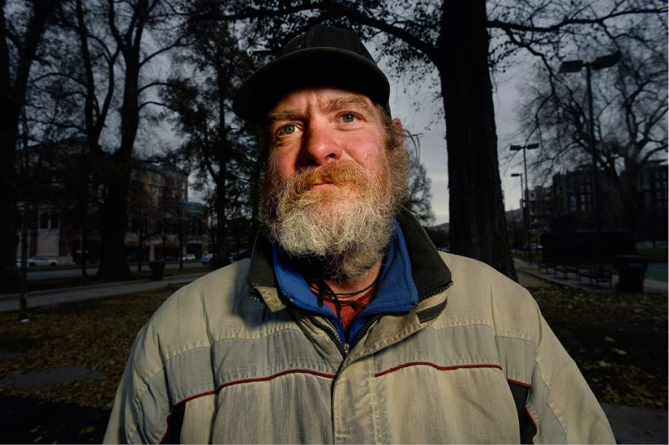 Scott Sommerdorf   |  The Salt Lake Tribune  
Homeless man Mike Hubertz in Pioneer Park, Thursday, December 15, 2016.