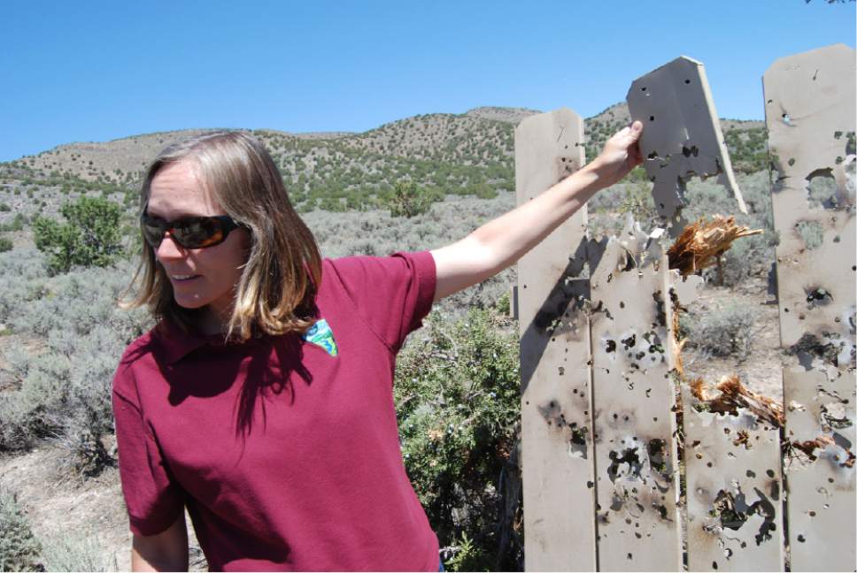 Brian Maffly  |  The Salt Lake Tribune 

Bekee Hotzee, former manager for BLM's Salt Lake field office, examines plastic fencing target shooters leaned against a tree as a target.