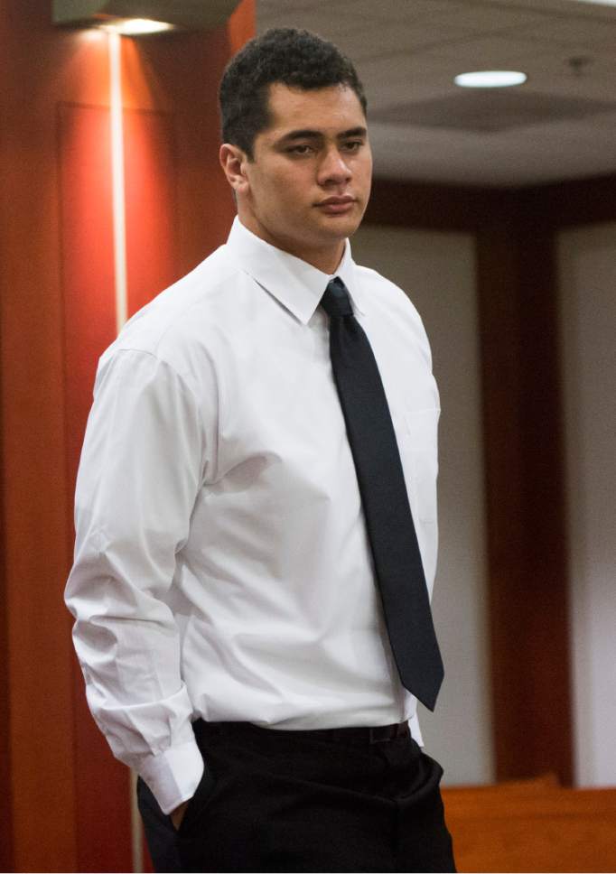 Rick Egan  |  The Salt Lake Tribune

Former Brighton High football star Osa Masina makes his first appearance in court, at the Matheson Courthouse in Salt Lake City, Friday, September 30, 2016. Masina has been charged with three first-degree felony counts stemming from a July sexual assault in Cottonwood Heights.