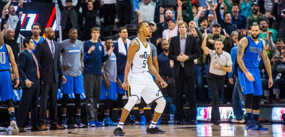 Chris Detrick  |  The Salt Lake Tribune
Utah Jazz guard Rodney Hood (5) celebrates after hitting the game-winning three-pointer during the game at Vivint Smart Home Arena Saturday December 17, 2016.  Utah Jazz defeated Dallas Mavericks 103-100.