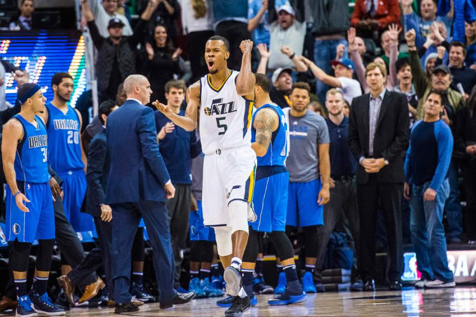 Chris Detrick  |  The Salt Lake Tribune
Utah Jazz guard Rodney Hood (5) celebrates after hitting the game-winning three-pointer during the game at Vivint Smart Home Arena Saturday December 17, 2016.  Utah Jazz defeated Dallas Mavericks 103-100.