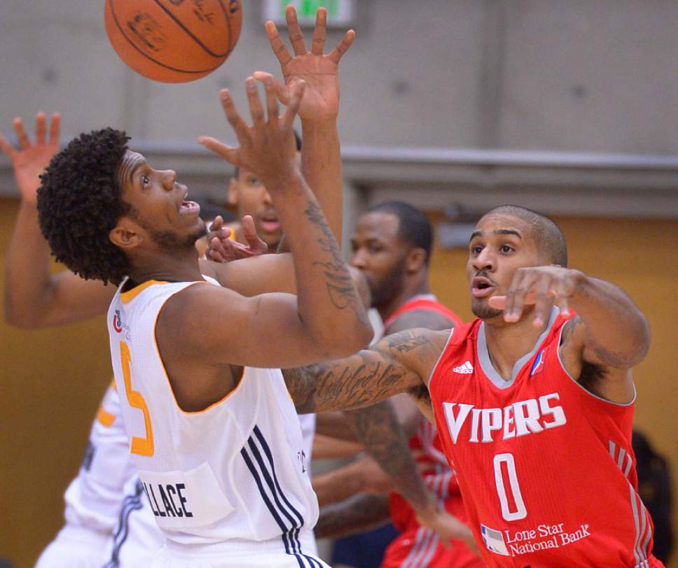 Leah Hogsten  |  The Salt Lake Tribune
Gary Payton II, a former SLCC basketball star, returned to the campus court, Friday, December 16, 2016 with the Rio Grande Valley Vipers basketball team in the NBA's Development League to face the SLC Stars. Gary Payton II tries to force a turnover with the Tyrone Wallace with the Stars.