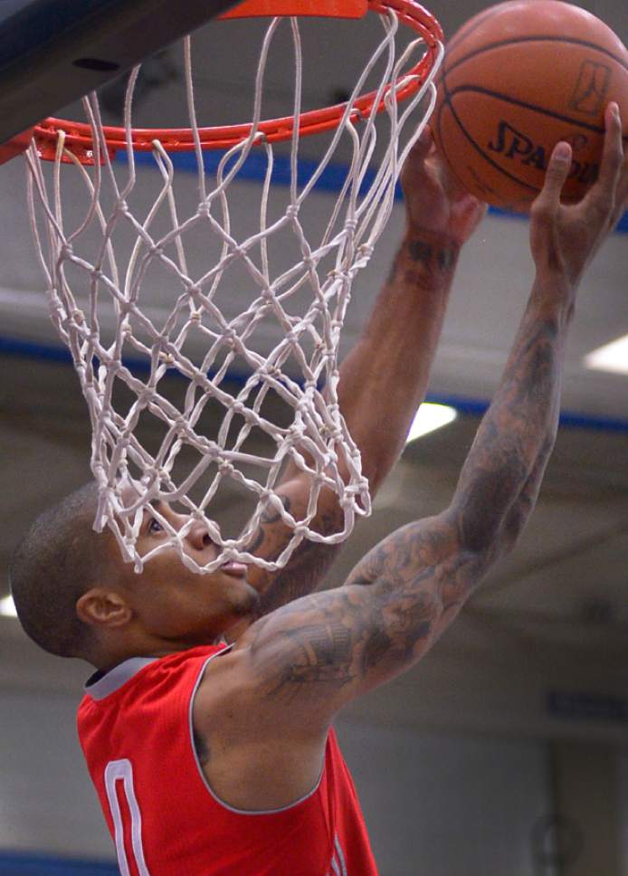Leah Hogsten  |  The Salt Lake Tribune
Gary Payton II, a former SLCC basketball star, returned to the campus court, Friday, December 16, 2016 with the Rio Grande Valley Vipers basketball team in the NBA's Development League to face the SLC Stars. The Vipers' Gary Payton II dunks a shot over the Stars.