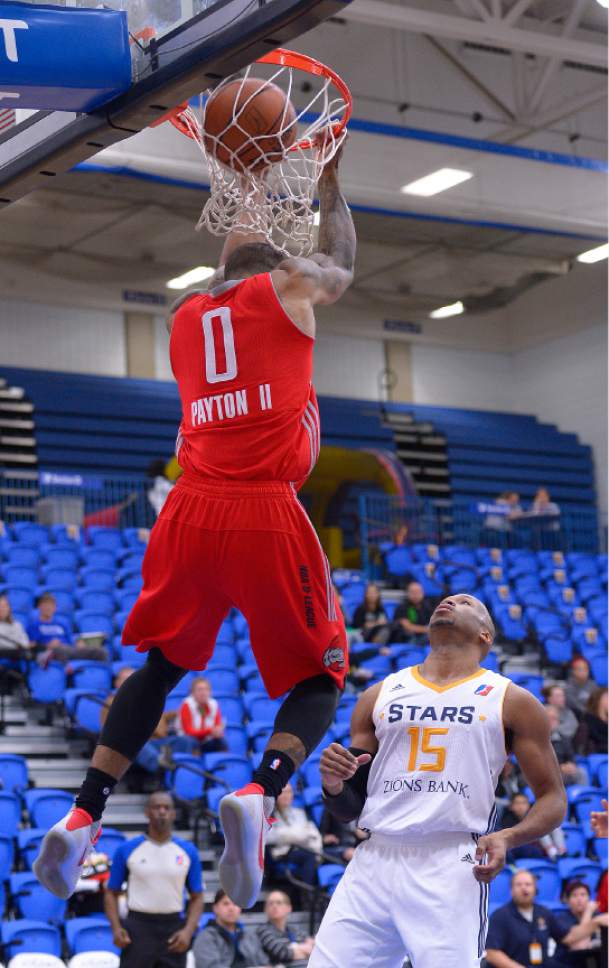 Leah Hogsten  |  The Salt Lake Tribune
Gary Payton II, a former SLCC basketball star, returned to the campus court, Friday, December 16, 2016 with the Rio Grande Valley Vipers basketball team in the NBA's Development League to face the SLC Stars. The Vipers' Gary Payton II dunks a shot over Sundiata Gaines with the Stars.