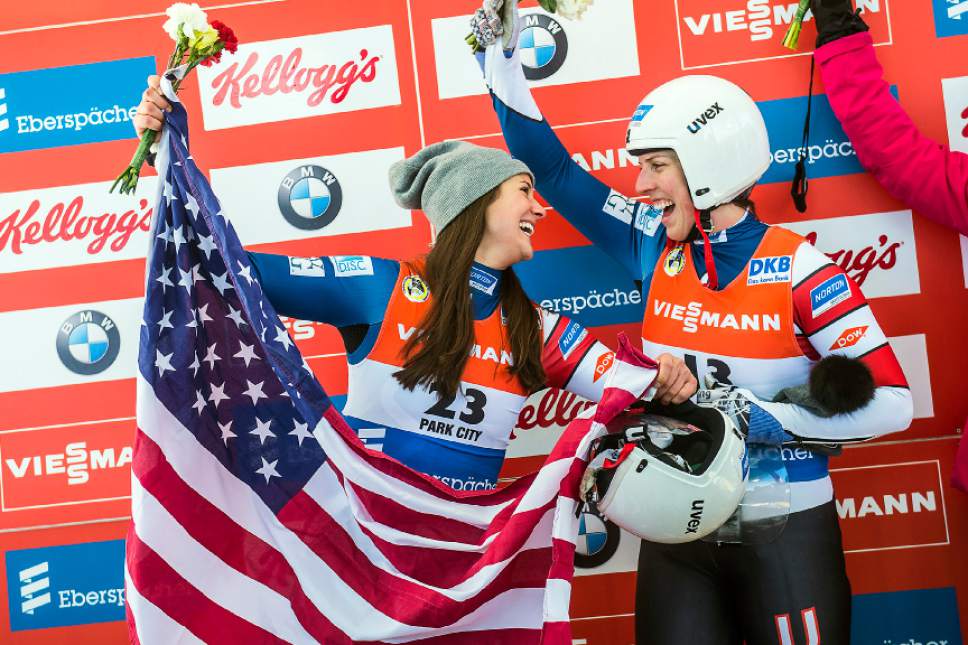 Chris Detrick  |  The Salt Lake Tribune
USA's Erin Hamlin, right, and Emily Sweeney celebrate after winning the FIL Luge World Cup at Utah Olympic Sports Park Saturday December 17, 2016. Hamlin finished in 1st place and Sweeney in 2nd.