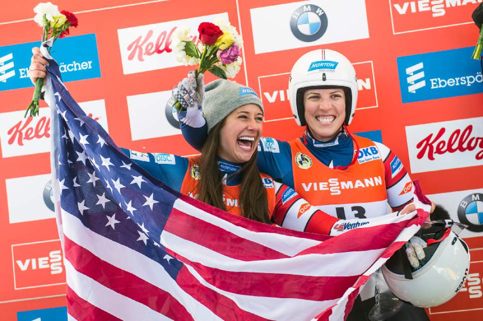 Chris Detrick  |  The Salt Lake Tribune
USA's Erin Hamlin, right, and Emily Sweeney celebrate after winning the FIL Luge World Cup at Utah Olympic Sports Park Saturday December 17, 2016. Hamlin finished in 1st place and Sweeney in 2nd.