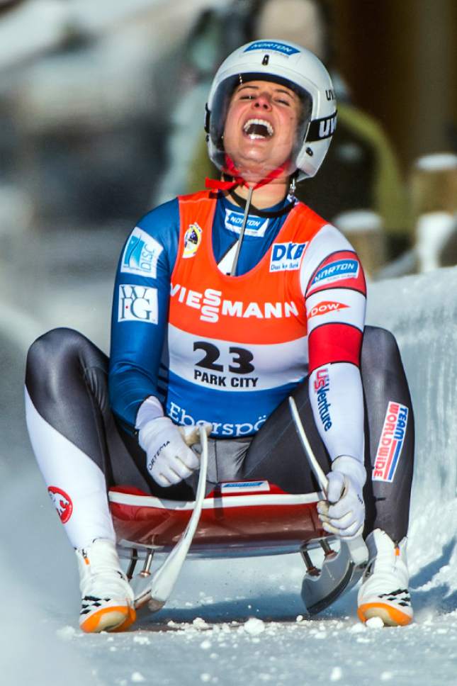 Chris Detrick  |  The Salt Lake Tribune
USA's Emily Sweeney celebrates after finishing second in the FIL Luge World Cup at Utah Olympic Sports Park Saturday December 17, 2016.