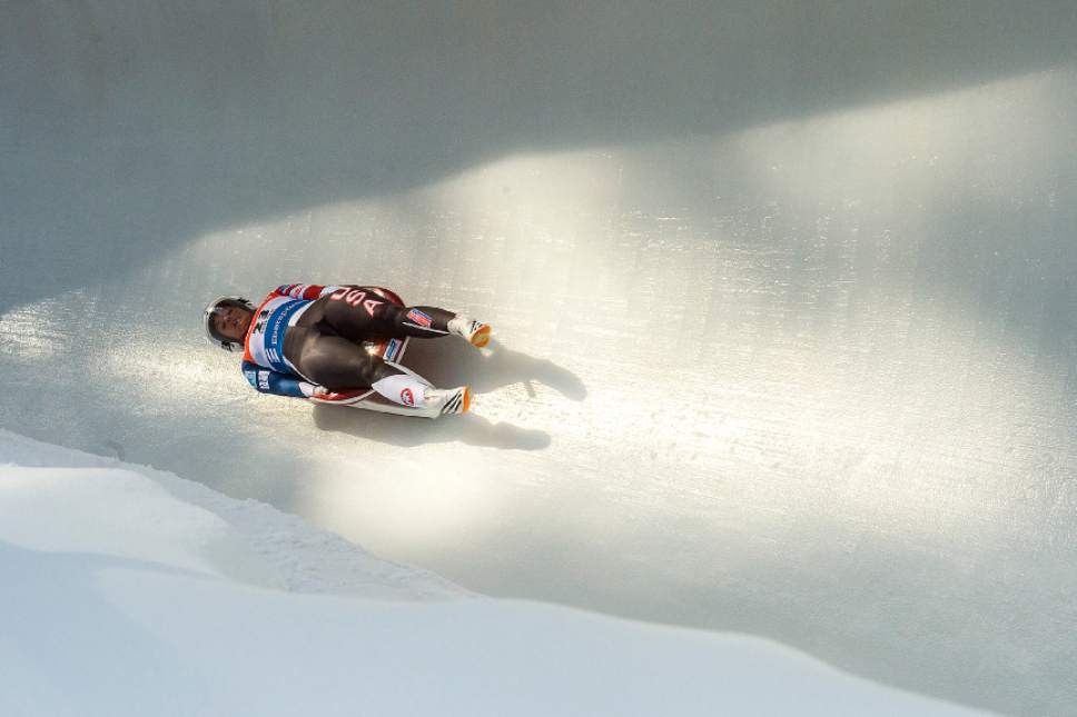 Chris Detrick  |  The Salt Lake Tribune
USA's Emily Sweeney competes in the FIL Luge World Cup at Utah Olympic Sports Park Saturday December 17, 2016.  Sweeney finished in 2nd place.