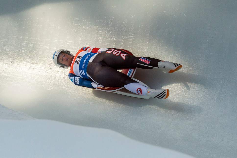 Chris Detrick  |  The Salt Lake Tribune
USA's Emily Sweeney competes in the FIL Luge World Cup at Utah Olympic Sports Park Saturday December 17, 2016.  Sweeney finished in 2nd place.