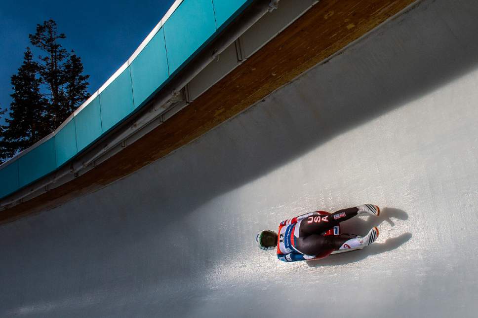 Chris Detrick  |  The Salt Lake Tribune
USA's Raychel Michele Germaine competes in the FIL Luge World Cup at Utah Olympic Sports Park Saturday December 17, 2016.