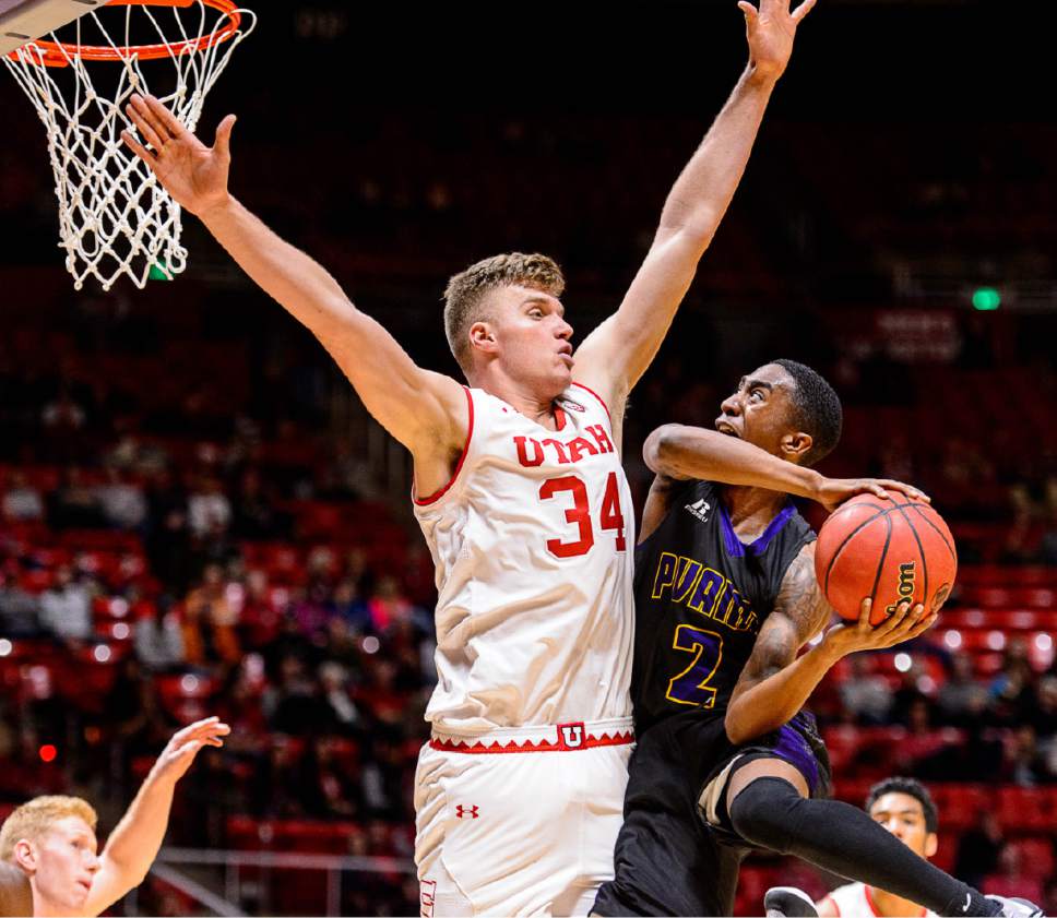 Trent Nelson  |  The Salt Lake Tribune
Utah Utes forward Jayce Johnson (34) blocks a shot by Prairie View A&M Panthers guard Avery Lomax (2) as University of Utah hosts Prairie View A&M, NCAA basketball at the Huntsman Center in Salt Lake City, Saturday December 17, 2016.