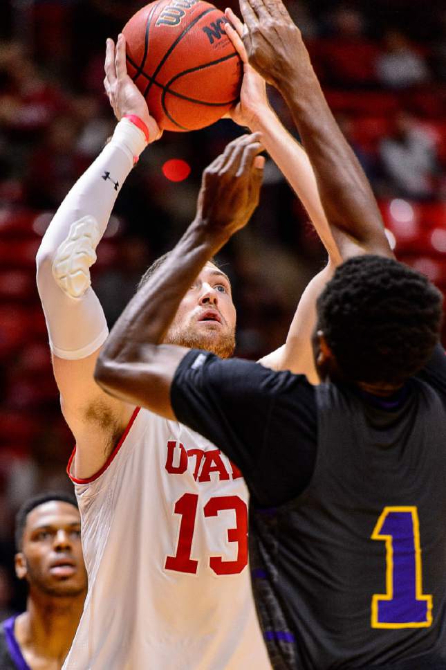 Trent Nelson  |  The Salt Lake Tribune
Utah Utes forward David Collette (13) shoots over Prairie View A&M Panthers guard Troy Thompson (1) as University of Utah hosts Prairie View A&M, NCAA basketball at the Huntsman Center in Salt Lake City, Saturday December 17, 2016.