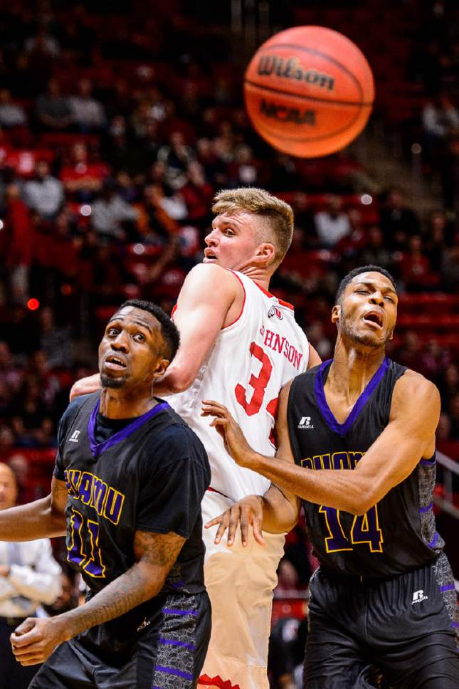 Trent Nelson  |  The Salt Lake Tribune
Prairie View A&M Panthers guard Ja'Donta Blakley (11), Utah Utes forward Jayce Johnson (34), Prairie View A&M Panthers forward Zachary Hamilton (14), as University of Utah hosts Prairie View A&M, NCAA basketball at the Huntsman Center in Salt Lake City, Saturday December 17, 2016.