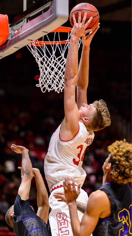 Trent Nelson  |  The Salt Lake Tribune
Utah Utes forward Jayce Johnson (34) shoots as University of Utah hosts Prairie View A&M, NCAA basketball at the Huntsman Center in Salt Lake City, Saturday December 17, 2016.