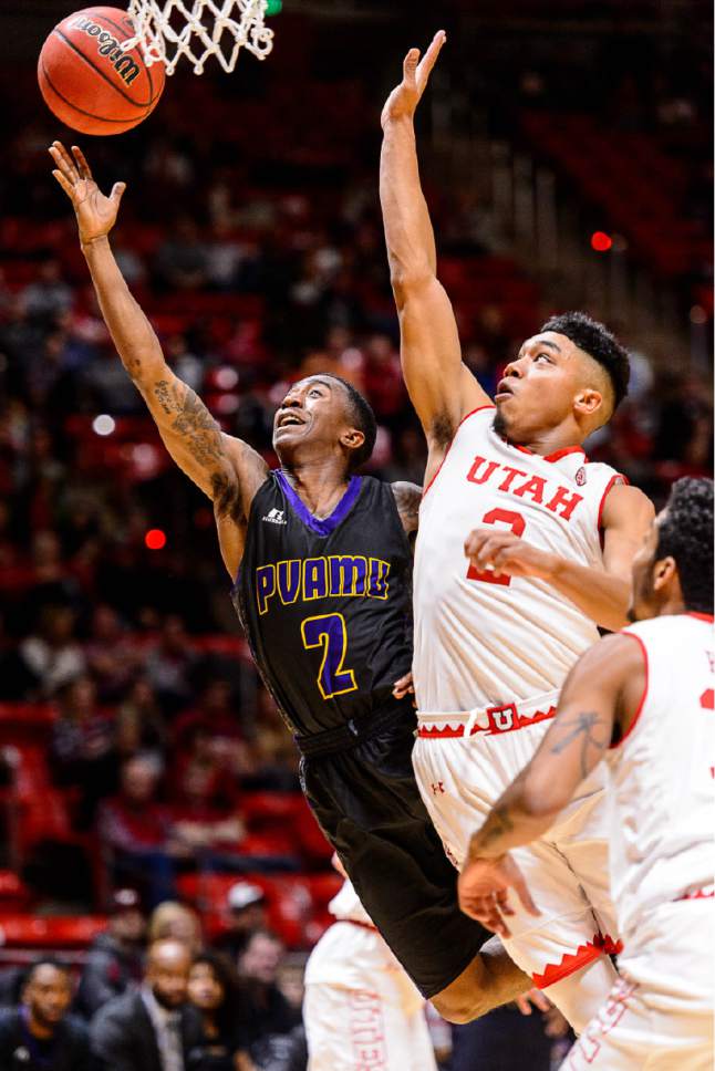 Trent Nelson  |  The Salt Lake Tribune
Prairie View A&M Panthers guard Avery Lomax (2) puts up a shot ahead of Utah Utes guard Sedrick Barefield (2) as University of Utah hosts Prairie View A&M, NCAA basketball at the Huntsman Center in Salt Lake City, Saturday December 17, 2016.