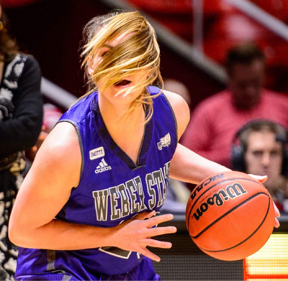 Trent Nelson  |  The Salt Lake Tribune
Weber State Wildcats guard Emily Drake (20) with the ball as University of Utah hosts Weber State, NCAA women's basketball at the Huntsman Center in Salt Lake City, Saturday December 17, 2016.