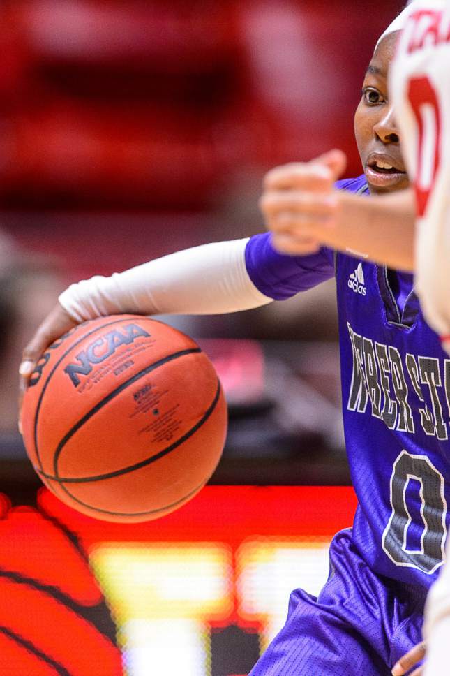 Trent Nelson  |  The Salt Lake Tribune
Weber State Wildcats guard J'aimoni Welch-Coleman (0) with the ball as University of Utah hosts Weber State, NCAA women's basketball at the Huntsman Center in Salt Lake City, Saturday December 17, 2016.