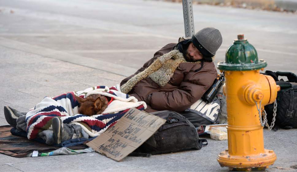 Al Hartmann  |  The Salt Lake Tribune
Homeless man and his dog sleep with pads and blankets in extreme cold temperatures Wednesday morning Dec. 31 on the sidewalk along Main Street in Salt Lake City.  His sign says Happy New Year and any donation would be a blessing.