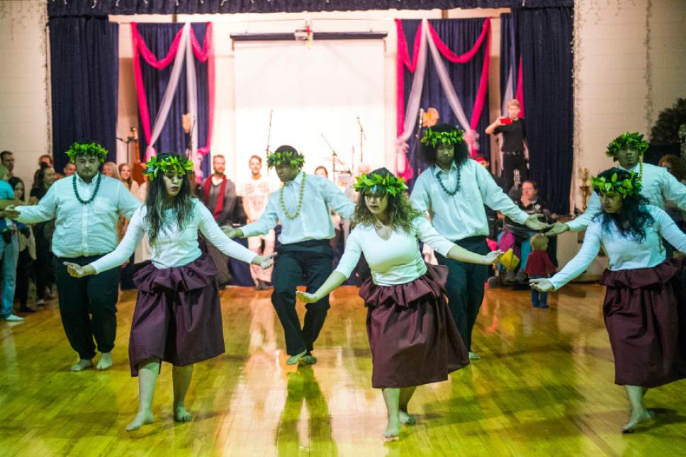 Chris Detrick  |  The Salt Lake Tribune
Nu Tribe Hawaiian dancers perform during a Prayer Dance for Standing Rock at the Krishna Temple in Millcreek on Sunday December 18, 2016.
