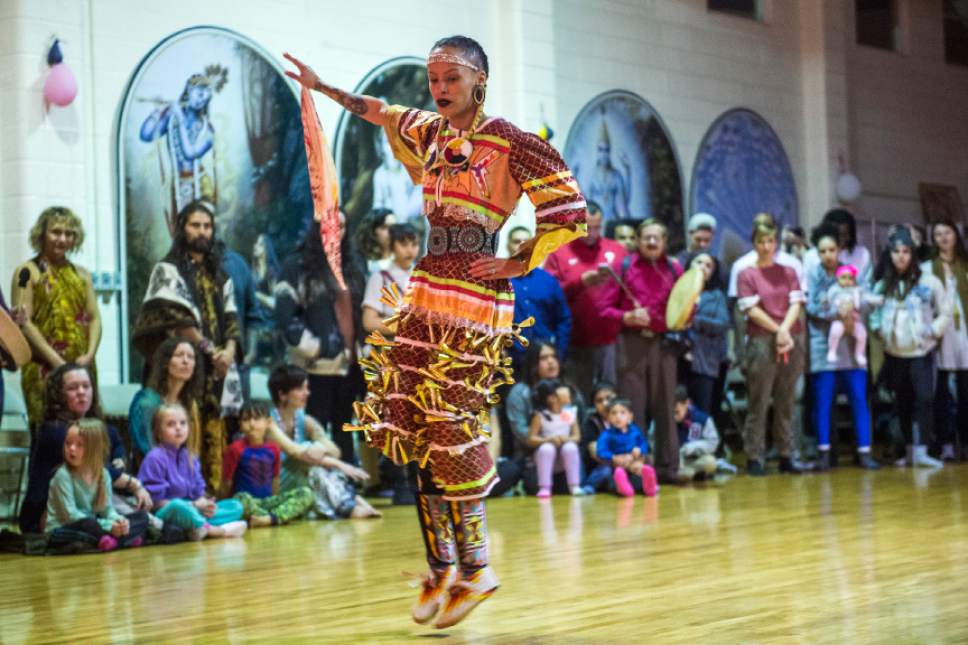 Chris Detrick  |  The Salt Lake Tribune
Native American powwow dancer Rhonda DuVall performs a jingle dress healing dance during a Prayer Dance for Standing Rock at the Krishna Temple in Millcreek, Sunday December 18, 2016.
